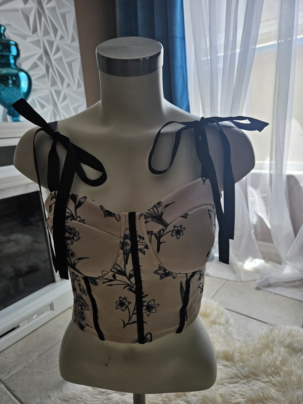SHEIN Pink Floral Bustier Crop Top with Black Tie Straps
